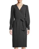 Pinstripe Puff-sleeve Wrap Dress With Bow