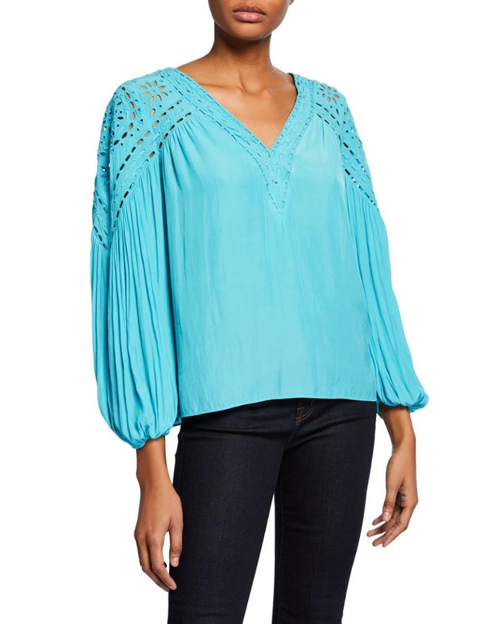 Komi V-neck Long-sleeve Eyelet Blouse