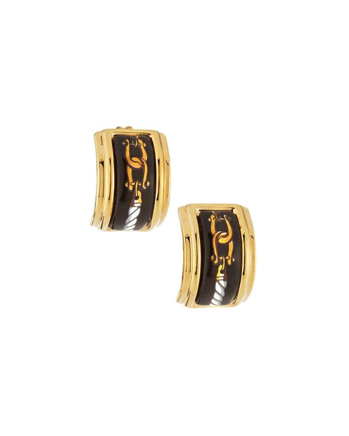 Estate Link Enamel Earrings, Black