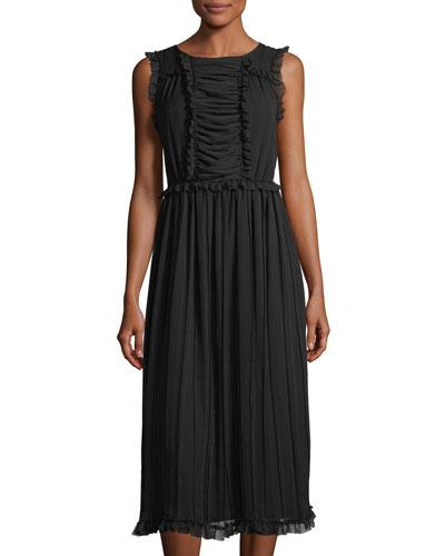 Ruffle-trim Crinkled Dobby Dress