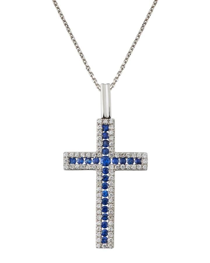 18k White Gold Diamond & Blue Sapphire Cross Pendant Necklace
