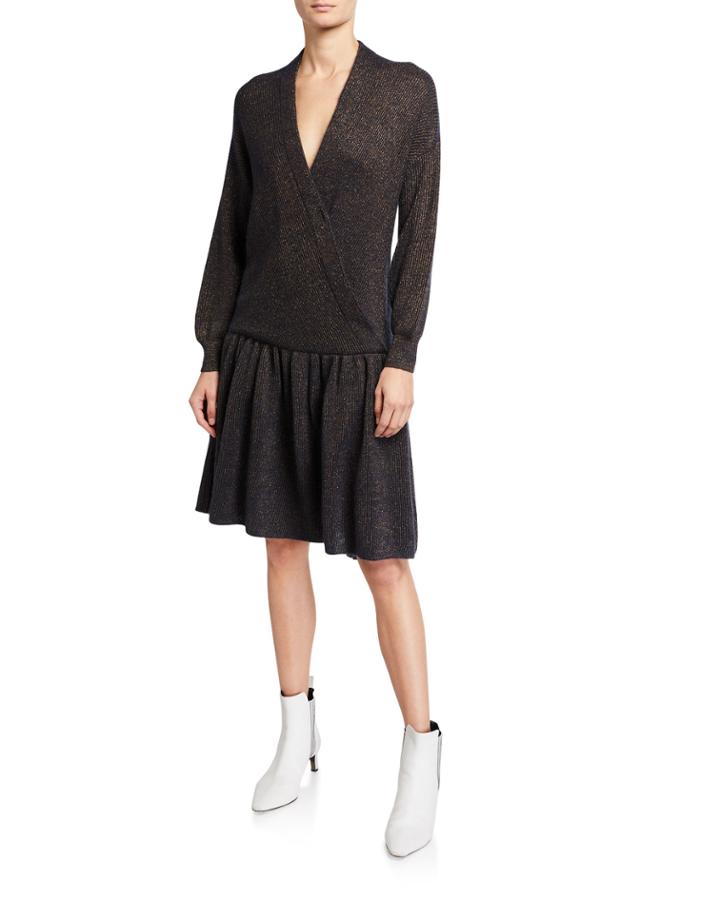 Surplice-neck Long-sleeve Dropped-waist Metallic-knit Dress