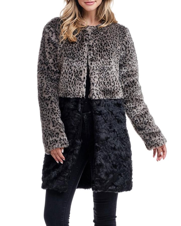 Colorblock Leopard Faux Fur Coat