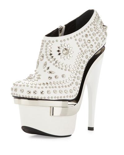 Studded Leather Platform Bootie, White/silver