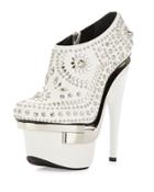Studded Leather Platform Bootie, White/silver