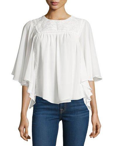 Half-sleeve Embroidered Top, White