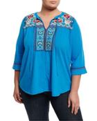 Embroidered Boho Tee, Blue,