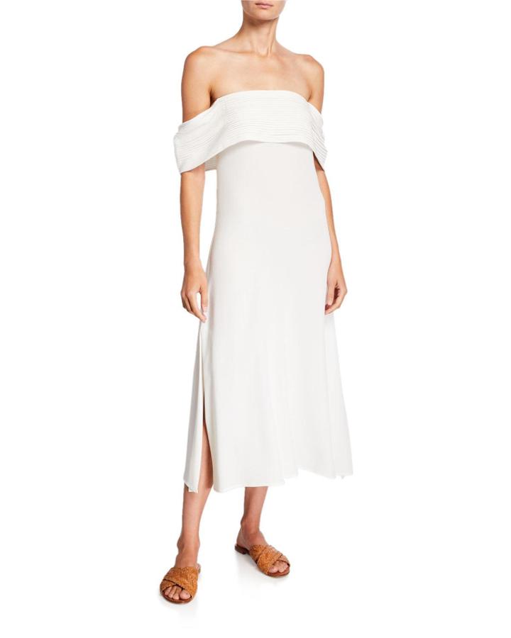 Mariana Pleated Off-shoulder Midi Dress, Ivory