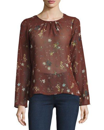 Floral-print Twisted-back Top, Dark Red