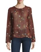 Floral-print Twisted-back Top, Dark Red