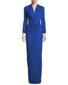 3/4-sleeve Twist-front Column Gown, Azure