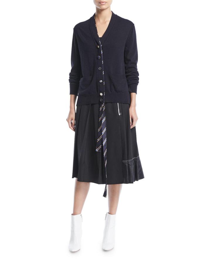 V-neck Button-front Wool Cardigan With Tie Placket