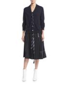 V-neck Button-front Wool Cardigan With Tie Placket
