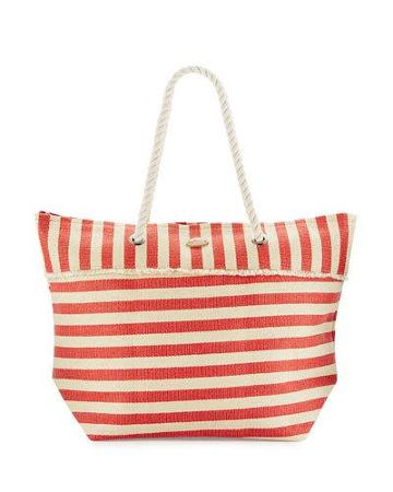 Rope-handle Nautical-stripe Straw Tote Bag, Red/white