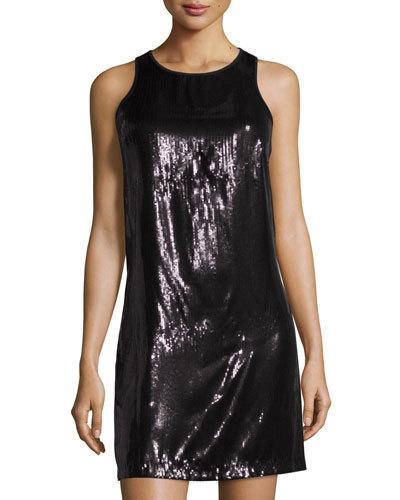 Sleeveless Sequin Trapeze Dress, Black