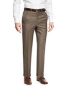 Sharkskin Wool Flat-front Trousers, Brown