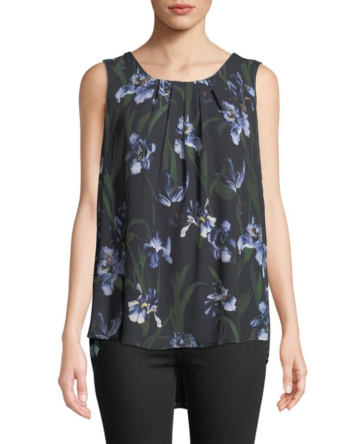 Sleeveless Pleated Floral Top W/chiffon Hem