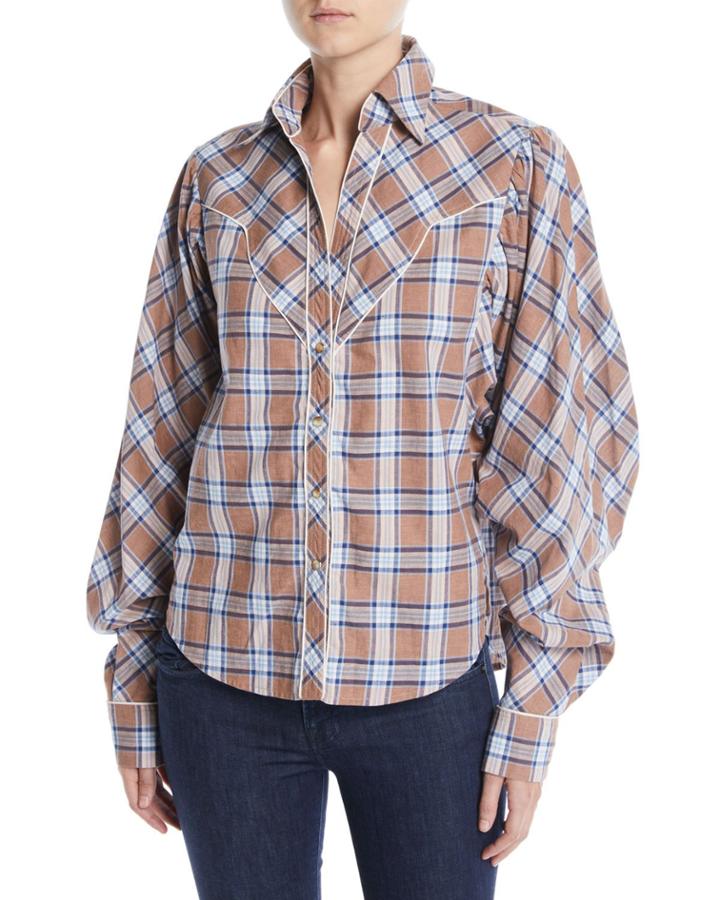 Dance Of The Deer Bubble-sleeve Tartan Shirt W/ Western Piping