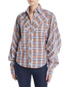Dance Of The Deer Bubble-sleeve Tartan Shirt W/ Western Piping