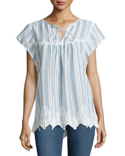Striped Short-sleeve Blouse, Blue/white