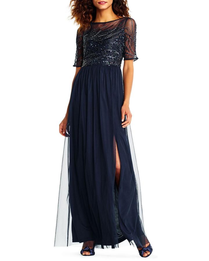 Beaded Half-sleeve Illusion Gown