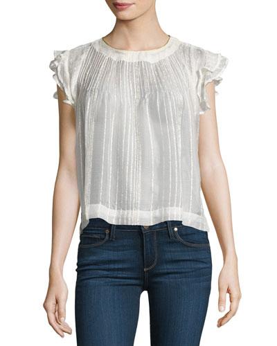Cap-sleeve Metallic-stripe Chiffon Blouse, Ivory