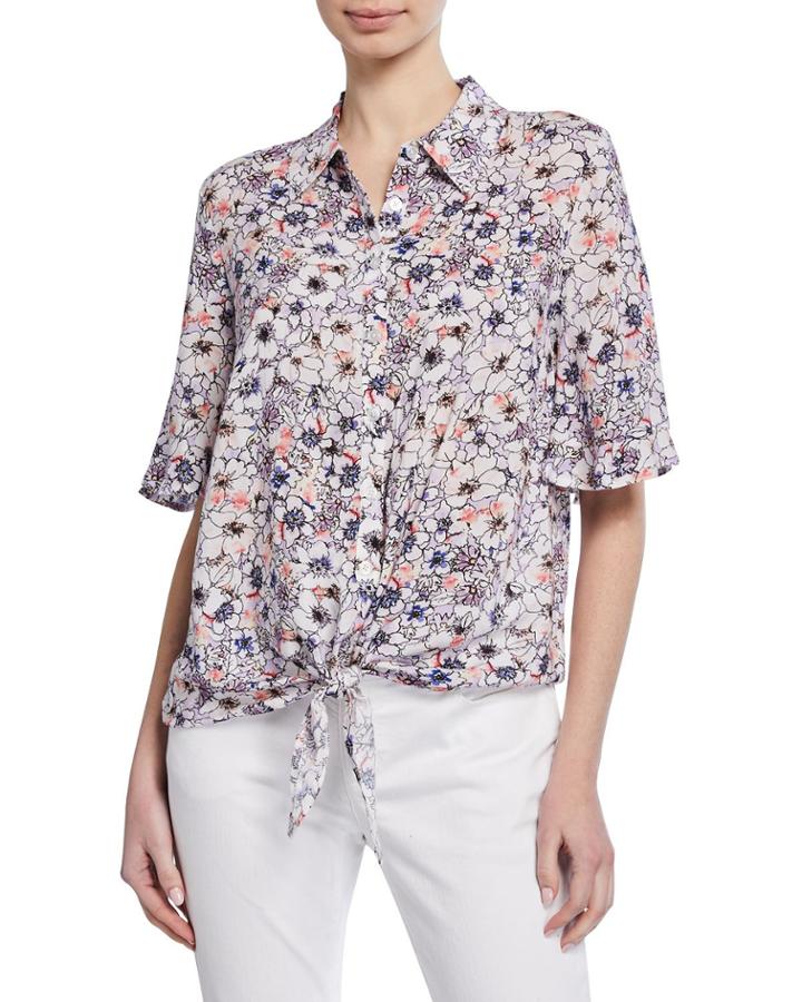 Floral Tie-front Button-down Blouse