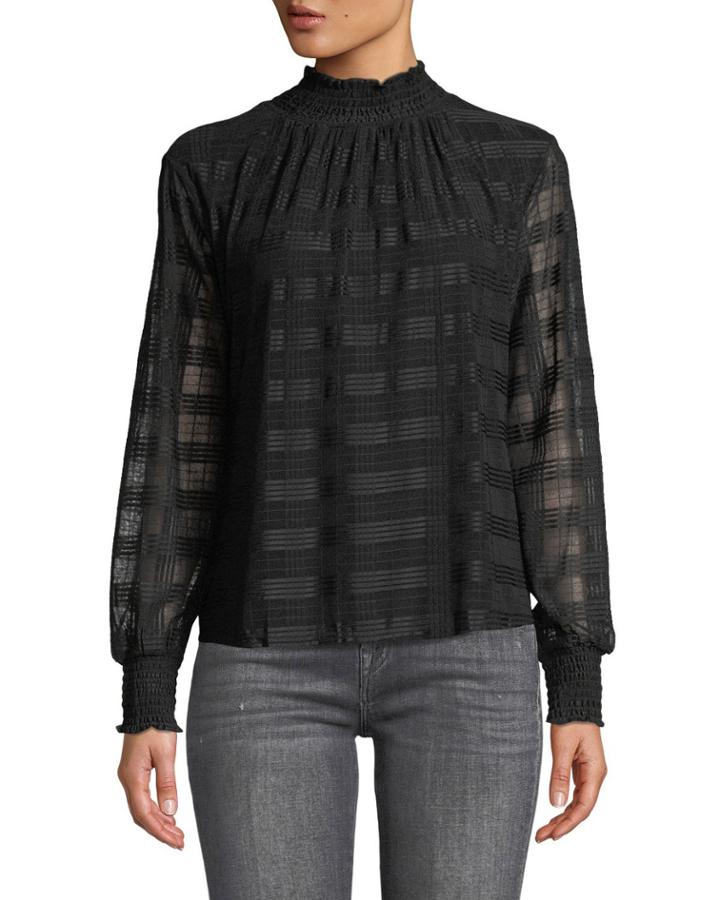 Plaid-embroidered Chiffon Smocked Neck Blouse