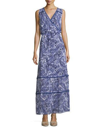 Printed Faux-wrap Maxi Dress, Blue Paisley