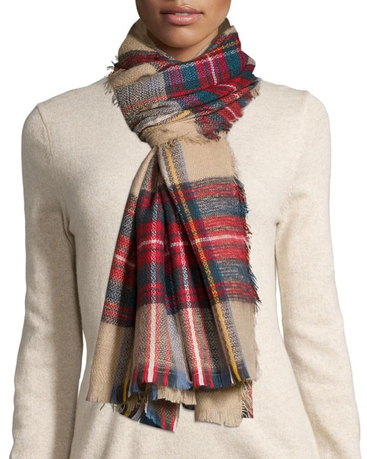 Neiman Marcus Xl Plaid Fringe Oblong Scarf, Camel/combo, Women's, Camel Comb