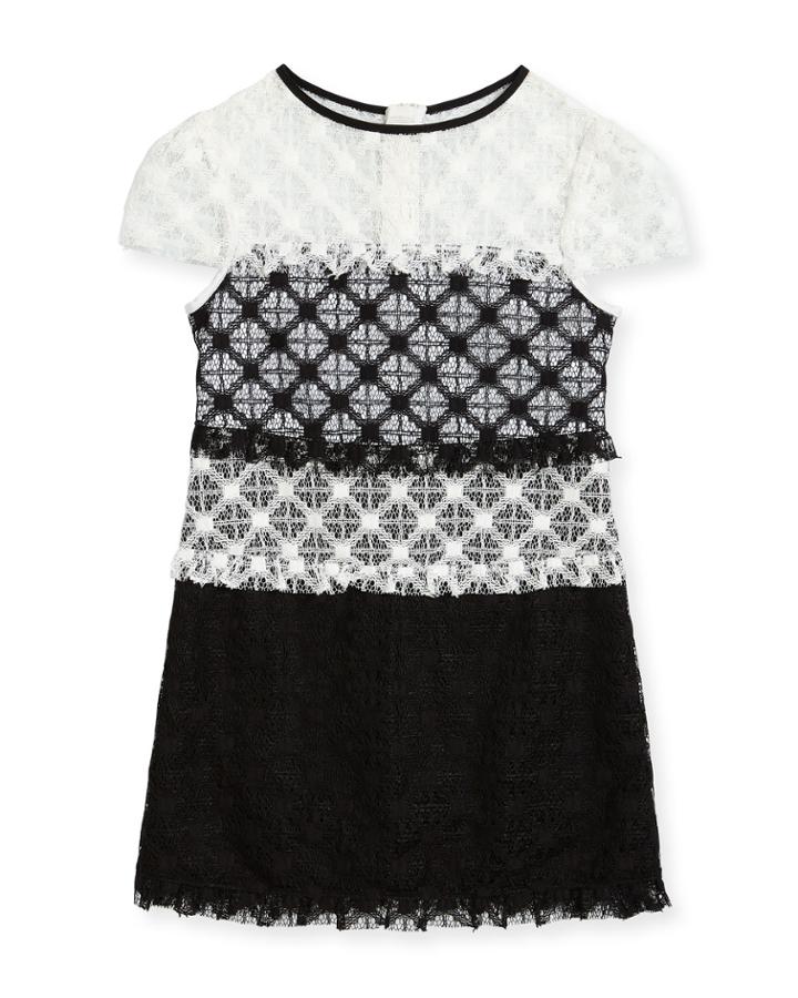 Gabrielle Short-sleeve Colorblock Lace Dress,