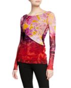 Floral-print Multi-degrade Long-sleeve Side-shirred Top