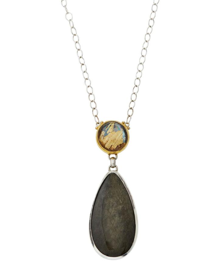 One-of-a-kind Double-drop Pendant Necklace, Quartz/obsidian