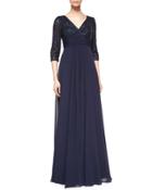 3/4-sleeve Lace & Chiffon Empire Gown