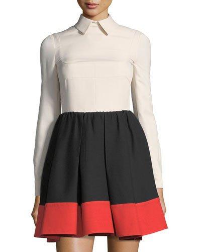 Colorblock Long-sleeve Fit-and-flare Dress