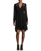 Long-sleeve Embroidered Silk Dress, Black