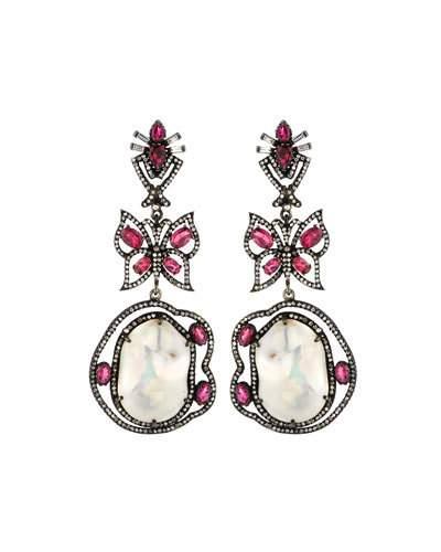 Diamond, Tourmaline & Pearl Butterfly Drop Earrings