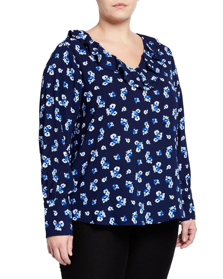 Floral Ruffle-neck Blouse,