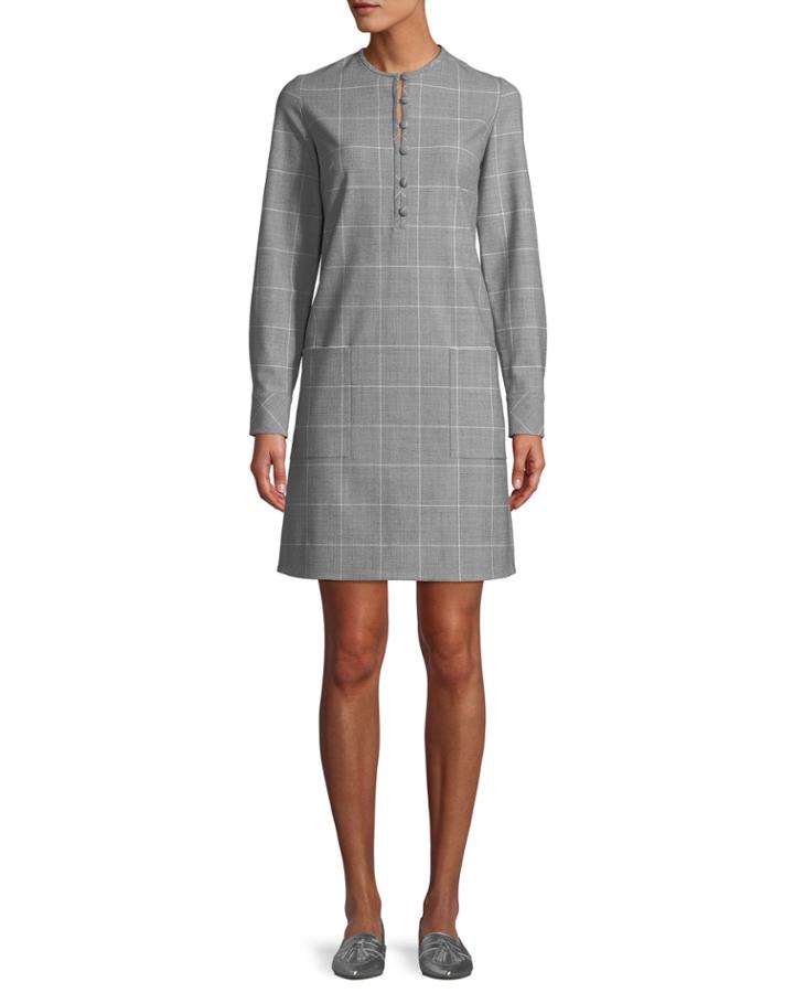 Button-front Long-sleeve Check Tunic