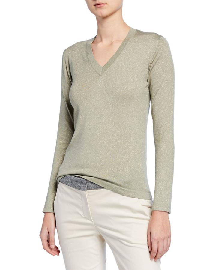 Metallic-knit V-neck