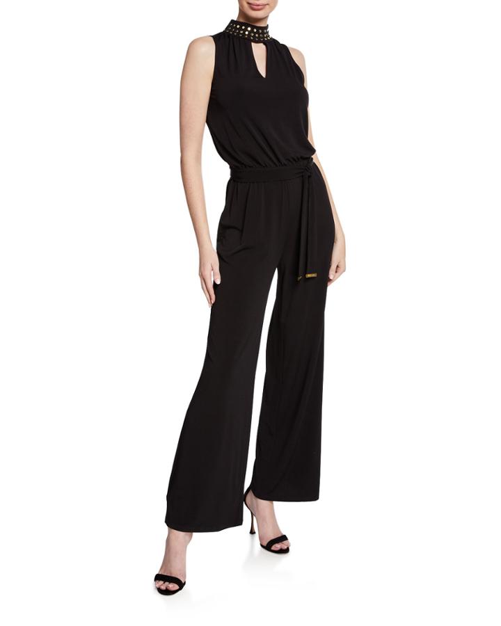 Studded Mock-neck Belted Jumpsuit