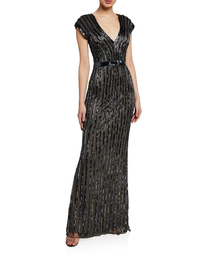 Beaded Cap-sleeve Column Gown