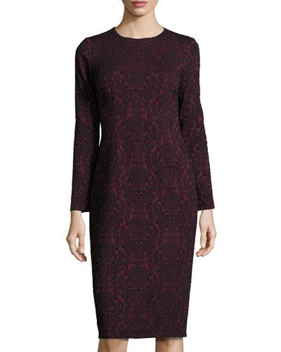 Scroll-print Jacquard Dress, Red/black