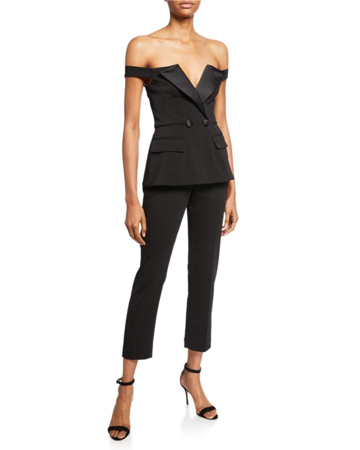 Off-the-shoulder Stretch Crepe Jumpsuit With Satin Trim Detail