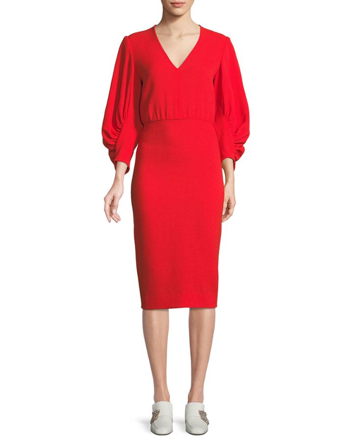 V-neck Full-sleeve Fitted Crepe Cocktail Dress