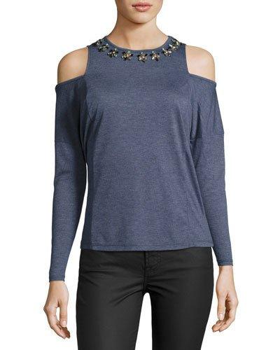 Long-sleeve Cold-shoulder Embellished Top, Blue