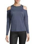 Long-sleeve Cold-shoulder Embellished Top, Blue
