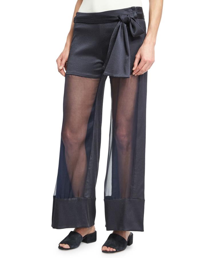 Lola Belted Sheer-front Wide-leg Pants, Navy