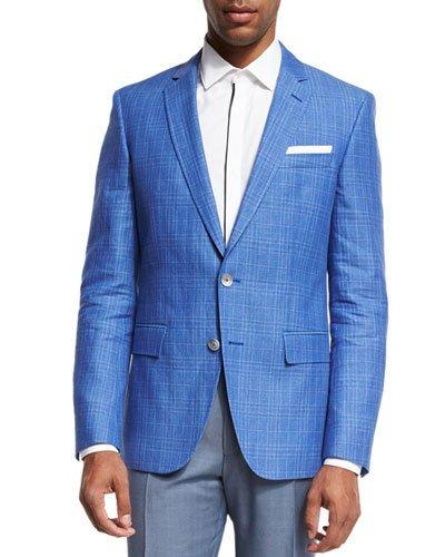 Plaid Linen-cotton Sport Coat, Blue