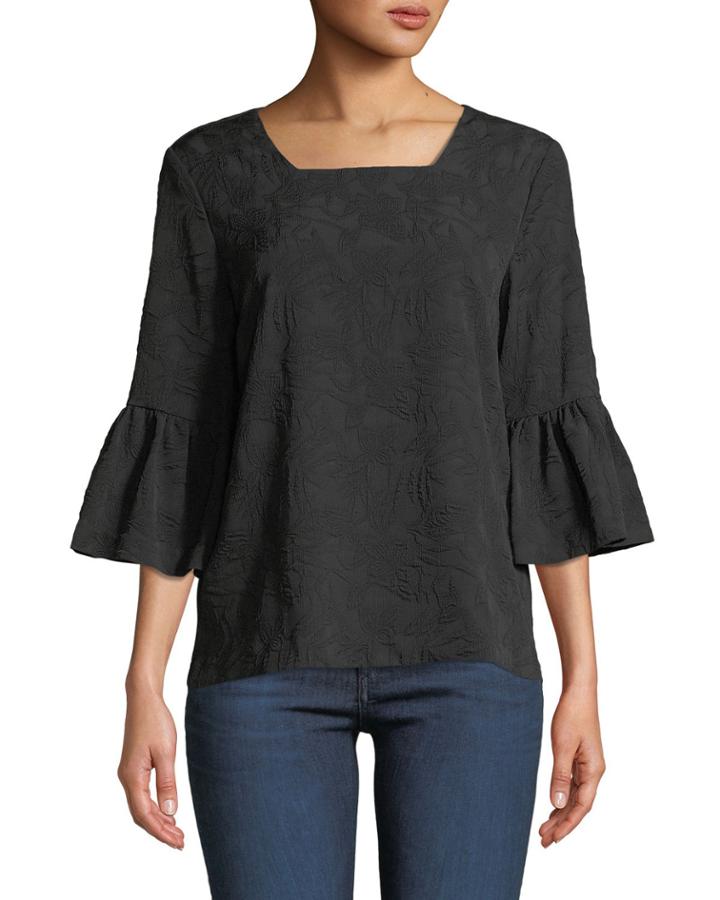 Square-neck Floral Matelasse Blouse With Bell